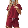 image:imageEkouaer Womens Pajama Set Ribbed Knit Soft Shorts Pjs Summer Sleepwear Two Piece Casual Lounge Sets with Drawstring amp PocketsWine Red