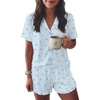 image:imageEkouaer Womens Pajama Sets Button Down Short Sleeve Top and Shorts Cute Ruffled Pjs Sets SleepwearBlue Bow