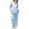 image:imageEkouaer Womens Silk Pajamas for Womens Sets Satin Pjs 2 Piece Button Up Loungewear Short Sleeve Soft Sleepwear with PocketsLight Blue