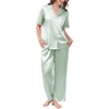 image:imageEkouaer Womens Silk Pajamas for Womens Sets Satin Pjs 2 Piece Button Up Loungewear Short Sleeve Soft Sleepwear with PocketsLight Green