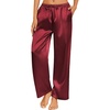 image:imageEkouaer Womens Silk Satin Pajama Pants Casual Loose Lounge Pants Drawstring Elastic Waist Wide Leg Pj Bottoms with PocketsWine Red