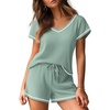image:imageEkouaer Womens Waffle Knit Short Sets Short Sleeve Lounge Set V Neck Top and Shorts Pajamas Casual Outfits with Pockets