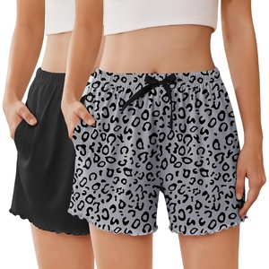 image:imageEkouaer 2 Pack Womens Pajama Shorts 2026 Summer Casual Lounge Sleep Short Ruffle Soft Comfy Pj Bottoms with PocketsBlackgray Leopard