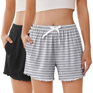 image:imageEkouaer 2 Pack Womens Pajama Shorts 2026 Summer Casual Lounge Sleep Short Ruffle Soft Comfy Pj Bottoms with PocketsBlackgray Stripe