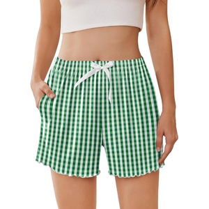image:imageEkouaer 2 Pack Womens Pajama Shorts 2026 Summer Casual Lounge Sleep Short Ruffle Soft Comfy Pj Bottoms with PocketsGreen White Plaid