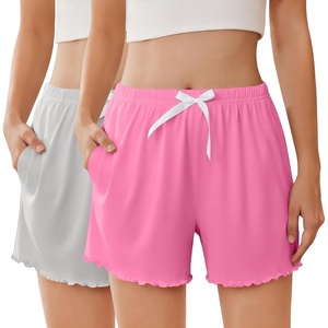 image:imageEkouaer 2 Pack Womens Pajama Shorts 2026 Summer Casual Lounge Sleep Short Ruffle Soft Comfy Pj Bottoms with PocketsLight GrayPeachy Pink