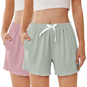 image:imageEkouaer 2 Pack Womens Pajama Shorts 2026 Summer Casual Lounge Sleep Short Ruffle Soft Comfy Pj Bottoms with PocketsLight Greenlight Pink