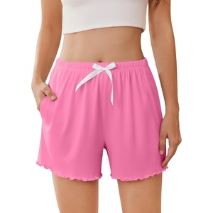 image:imageEkouaer 2 Pack Womens Pajama Shorts 2026 Summer Casual Lounge Sleep Short Ruffle Soft Comfy Pj Bottoms with PocketsPeachy Pink