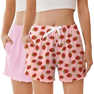 image:imageEkouaer 2 Pack Womens Pajama Shorts 2026 Summer Casual Lounge Sleep Short Ruffle Soft Comfy Pj Bottoms with PocketsPinkstrawberry