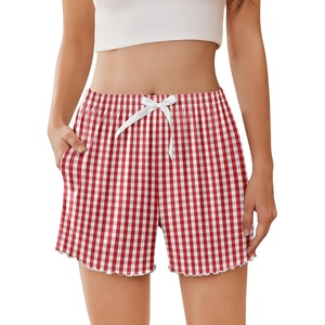 image:imageEkouaer 2 Pack Womens Pajama Shorts 2026 Summer Casual Lounge Sleep Short Ruffle Soft Comfy Pj Bottoms with PocketsRed White Plaid