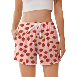 image:imageEkouaer 2 Pack Womens Pajama Shorts 2026 Summer Casual Lounge Sleep Short Ruffle Soft Comfy Pj Bottoms with PocketsStrawberry
