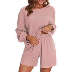 image:imageEkouaer 2 Piece Pjs Set for Women One Shoulder Top and Shorts with Pockets Soft Outfits Set Pink