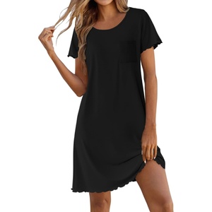 image:imageEkouaer Bamboo Viscose Sleep Shirts for Women Soft Nightgowns Short Sleeve Ruffled Night Shirts with Chest Pocket S3XLBlack
