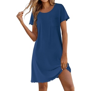 image:imageEkouaer Bamboo Viscose Sleep Shirts for Women Soft Nightgowns Short Sleeve Ruffled Night Shirts with Chest Pocket S3XLNavy Blue