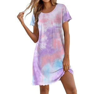 image:imageEkouaer Bamboo Viscose Sleep Shirts for Women Soft Nightgowns Short Sleeve Ruffled Night Shirts with Chest Pocket S3XLTie Dye Blue