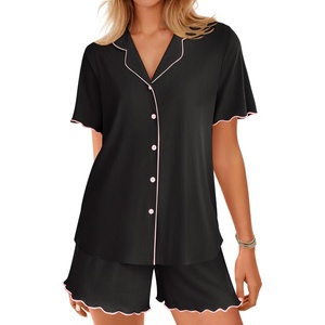 image:imageEkouaer Button Up Pajamas Set for Women Short Sleeve Ribbed Knit Sleepwear 2 Piece Pjs Shorts SetBlack