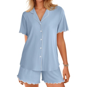 image:imageEkouaer Button Up Pajamas Set for Women Short Sleeve Ribbed Knit Sleepwear 2 Piece Pjs Shorts SetBlue