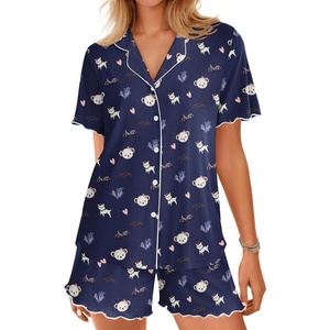 image:imageEkouaer Button Up Pajamas Set for Women Short Sleeve Ribbed Knit Sleepwear 2 Piece Pjs Shorts SetBlue Teddy