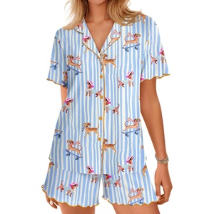 image:imageEkouaer Button Up Pajamas Set for Women Short Sleeve Ribbed Knit Sleepwear 2 Piece Pjs Shorts SetBluestriped Dog