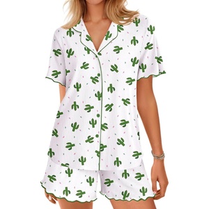 image:imageEkouaer Button Up Pajamas Set for Women Short Sleeve Ribbed Knit Sleepwear 2 Piece Pjs Shorts SetCactus
