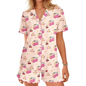 image:imageEkouaer Button Up Pajamas Set for Women Short Sleeve Ribbed Knit Sleepwear 2 Piece Pjs Shorts SetCherry Teddy