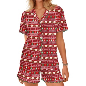 image:imageEkouaer Button Up Pajamas Set for Women Short Sleeve Ribbed Knit Sleepwear 2 Piece Pjs Shorts SetChristmas Red