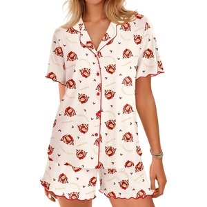 image:imageEkouaer Button Up Pajamas Set for Women Short Sleeve Ribbed Knit Sleepwear 2 Piece Pjs Shorts SetChristmas Teddy