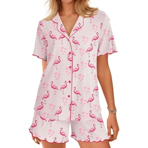 image:imageEkouaer Button Up Pajamas Set for Women Short Sleeve Ribbed Knit Sleepwear 2 Piece Pjs Shorts SetFlamingos