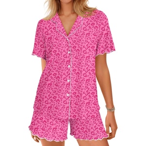 image:imageEkouaer Button Up Pajamas Set for Women Short Sleeve Ribbed Knit Sleepwear 2 Piece Pjs Shorts SetHot Pink Leopard