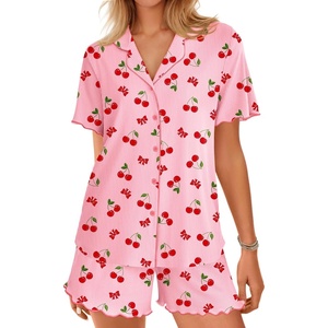 image:imageEkouaer Button Up Pajamas Set for Women Short Sleeve Ribbed Knit Sleepwear 2 Piece Pjs Shorts SetPinkcherries