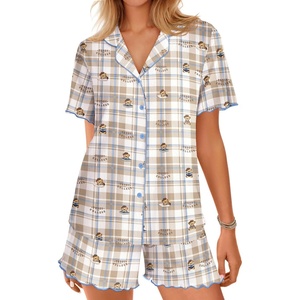 image:imageEkouaer Button Up Pajamas Set for Women Short Sleeve Ribbed Knit Sleepwear 2 Piece Pjs Shorts SetPlaid Teddy