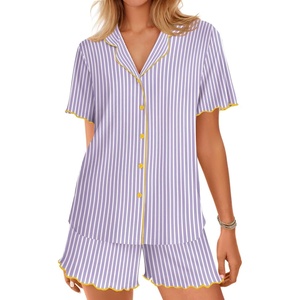image:imageEkouaer Button Up Pajamas Set for Women Short Sleeve Ribbed Knit Sleepwear 2 Piece Pjs Shorts SetPurple Stripe