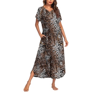 image:imageEkouaer Long Nightgown Womens Loungewear Short Sleeve Sleepwear Full Length Sleep Shirt with PocketsBrown Leopard Print