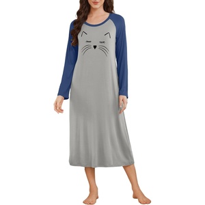 image:imageEkouaer Long Sleeve Nightgowns for Women Calf Length Sleep Shirts Crew Neck Soft Nightshirts SXXLLight Grey Cat
