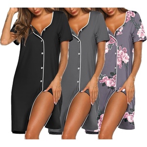 image:imageEkouaer Nightgowns for Women 3 Pack Sleep Shirts Button Down Pajama Dress Short Sleeve Nightshirt Sleepwear NightdressBlackGreyGrey Pink Floral