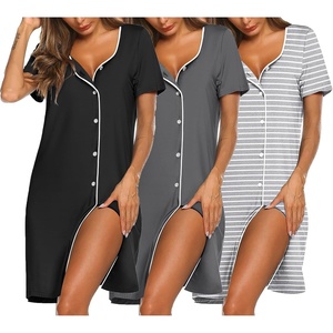image:imageEkouaer Nightgowns for Women 3 Pack Sleep Shirts Button Down Pajama Dress Short Sleeve Nightshirt Sleepwear NightdressBlackGreyGrey Stripe