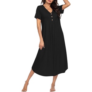 image:imageEkouaer Nightgowns for Women Bamboo Viscose Long Night Gown Short Sleeve Moo Moos V Neck Sleep Shirts Pleated House DressBlack