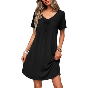 image:imageEkouaer Nightgowns for Women Bamboo Viscose Night Gowns Short Sleeve Sleep Shirt Pleated V Neck House Dress Soft Night ShirtsBlack