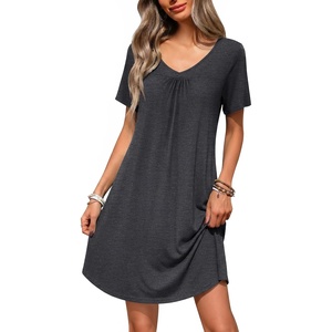 image:imageEkouaer Nightgowns for Women Bamboo Viscose Night Gowns Short Sleeve Sleep Shirt Pleated V Neck House Dress Soft Night ShirtsDark Grey