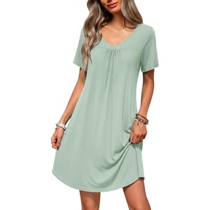 image:imageEkouaer Nightgowns for Women Bamboo Viscose Night Gowns Short Sleeve Sleep Shirt Pleated V Neck House Dress Soft Night ShirtsLight Green