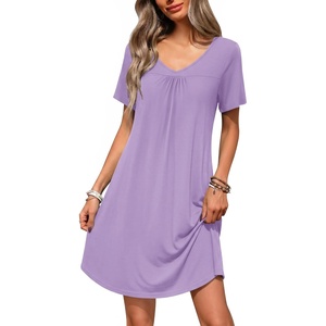 image:imageEkouaer Nightgowns for Women Bamboo Viscose Night Gowns Short Sleeve Sleep Shirt Pleated V Neck House Dress Soft Night ShirtsLight Purple