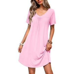 image:imageEkouaer Nightgowns for Women Bamboo Viscose Night Gowns Short Sleeve Sleep Shirt Pleated V Neck House Dress Soft Night ShirtsPink