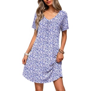 image:imageEkouaer Nightgowns for Women Bamboo Viscose Night Gowns Short Sleeve Sleep Shirt Pleated V Neck House Dress Soft Night ShirtsPurple Flowers