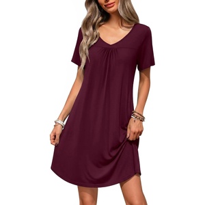 image:imageEkouaer Nightgowns for Women Bamboo Viscose Night Gowns Short Sleeve Sleep Shirt Pleated V Neck House Dress Soft Night ShirtsRed