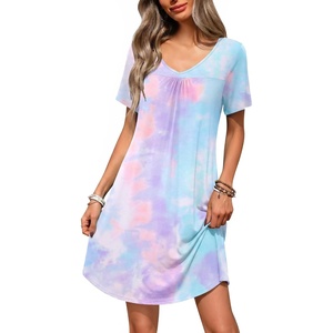 image:imageEkouaer Nightgowns for Women Bamboo Viscose Night Gowns Short Sleeve Sleep Shirt Pleated V Neck House Dress Soft Night ShirtsTiedye
