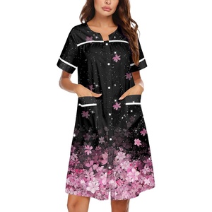 image:imageEkouaer Nightgowns for Women House Dress with Pockets Snap Front House Coat Short Sleeve Duster Moo Moos Sleepwear S3XLBlack Pink Sakura