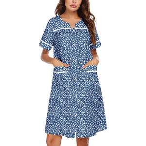 image:imageEkouaer Nightgowns for Women House Dress with Pockets Snap Front House Coat Short Sleeve Duster Moo Moos Sleepwear S3XLBlue Floral