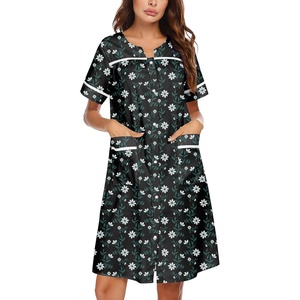 image:imageEkouaer Nightgowns for Women House Dress with Pockets Snap Front House Coat Short Sleeve Duster Moo Moos Sleepwear S3XLNavy Flowers