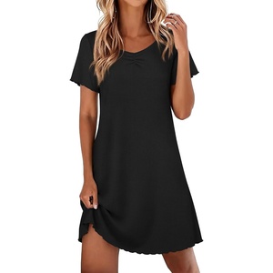 image:imageEkouaer Nightgowns for Women Lace Trim Night Gown Short Sleeve Sleep Shirts Ruffle Sleepwear V Neck Pleated Sleep DressBlack