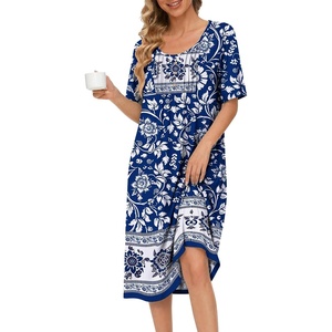 image:imageEkouaer Nightgowns for Women Short Sleeve House Dresses with Pockets Pleated Moo moos Floral Print Mumu DressBlue Bohemian Flowers